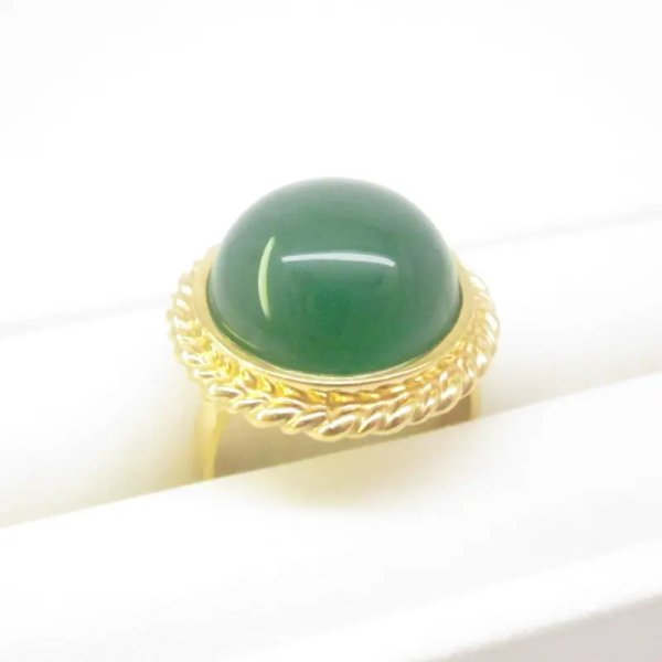 Agat zielony w srebrze złoconym - pierścionek (Rozmiar Jubilerski  16, 17, 18) z regulacją