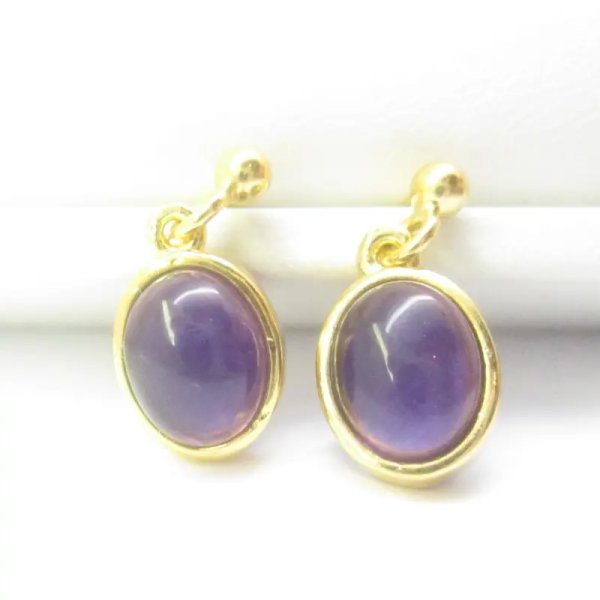 Ametyst obustronny i srebro złocone - kolczyki wiszące sztyfty - owale (para)