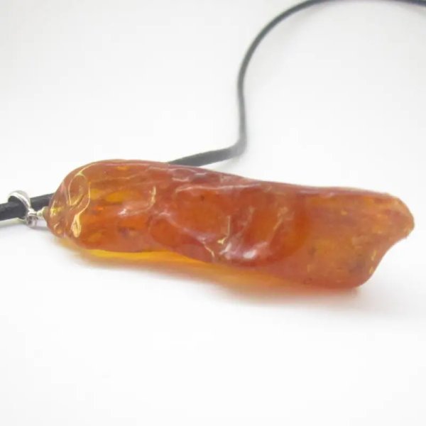 Owad, inkluzje roślinne w bursztynie i srebro - wisiorek z rzemieniem
