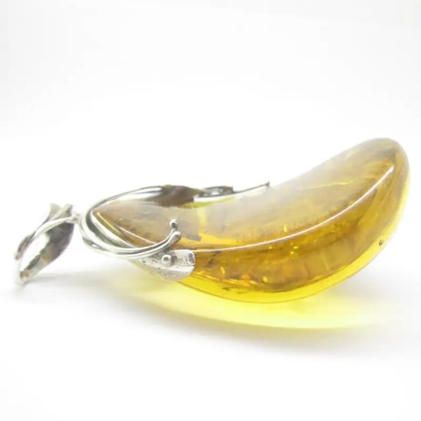 Szczątki roślinne w przezroczystym bursztynie w kształcie wklęsłej soczewki i srebro oksydowane - zawieszka z rzemieniem