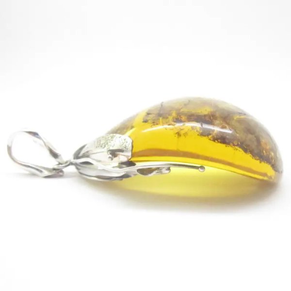 Szczątki roślinne w przezroczystym bursztynie w kształcie wklęsłej soczewki i srebro oksydowane - zawieszka z rzemieniem