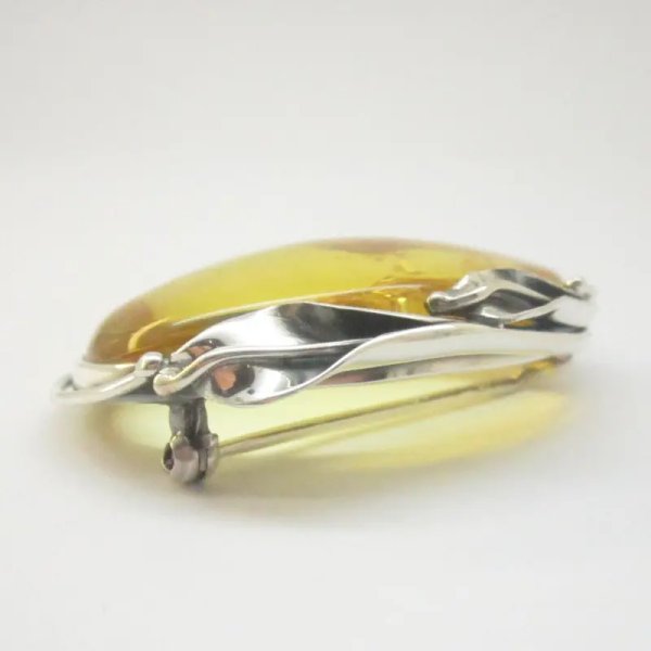 Szczątki roślinne w przezroczystym bursztynie i srebro oksydowane - broszka