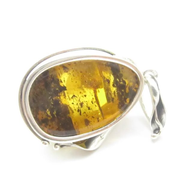 Szczątki roślinne w przezroczystym bursztynie i srebro oksydowane - zawieszka z rzemieniem