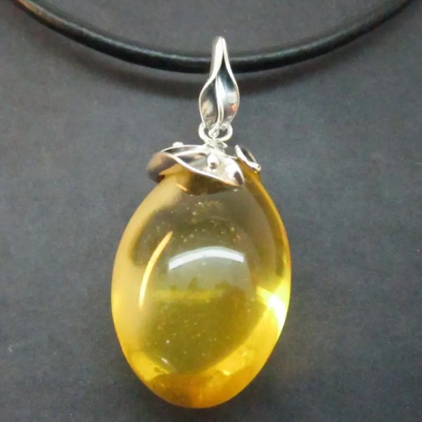 Przezroczysty Bursztyn i srebro oksydowane - zawieszka z rzemieniem