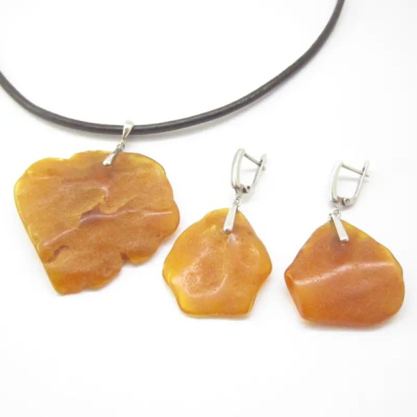 Surowy Naturalny Bursztyn i srebro - Komplet naszyjnik na rzemieniu (40-60 cm)  i kolczyki
