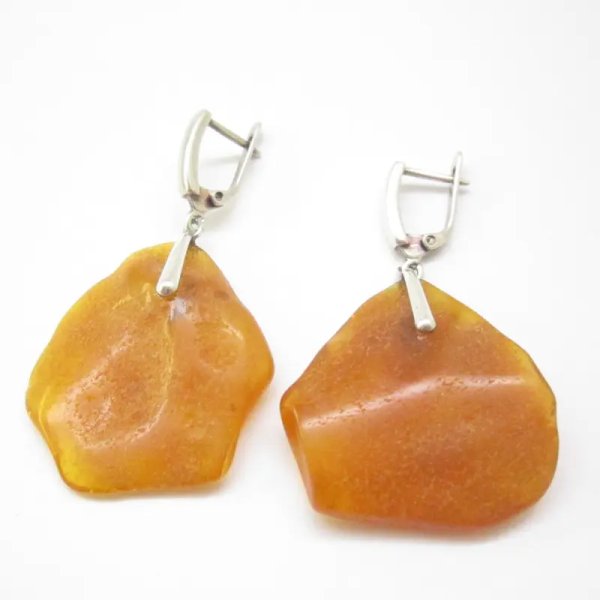 Surowy Naturalny Bursztyn i srebro - Komplet naszyjnik na rzemieniu (40-60 cm)  i kolczyki