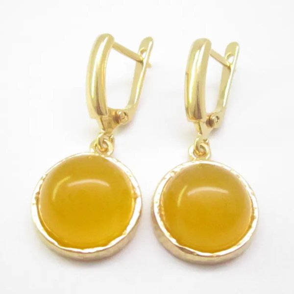 Agat żółty w srebrze złoconym - kolczyki okrągłe