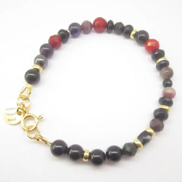 Koral, Turmalin, Onyks, Hematyt i srebro złocone - bransoleta 18 cm