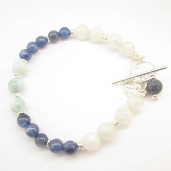 Kyanit, Larimar, Kamień Księżycowy, Szafir fasetowany i srebro - bransoleta 19 cm