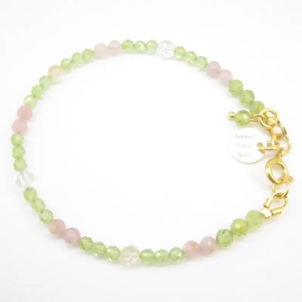 Peridot (Perydot), Kwarc Różowy, Cytryn, Kryształ Górski - fasetowane kulki i srebro złocone - bransoleta 17,5 cm