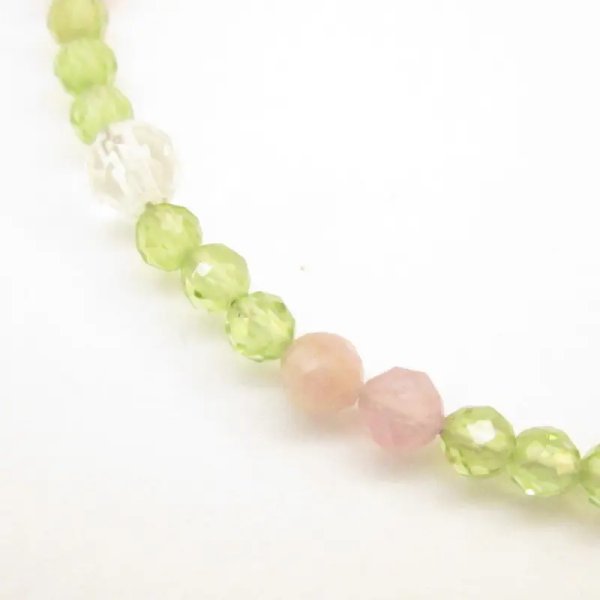 Peridot (Perydot), Kwarc Różowy, Cytryn, Kryształ Górski - fasetowane kulki i srebro złocone - bransoleta 17,5 cm