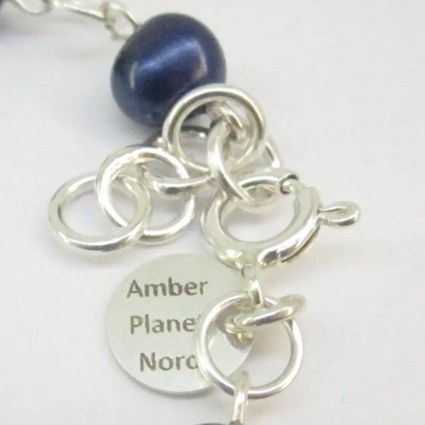 Perły Naturalne, granatowe i srebro - bransoleta 18 cm (+1,5 cm regulacji)