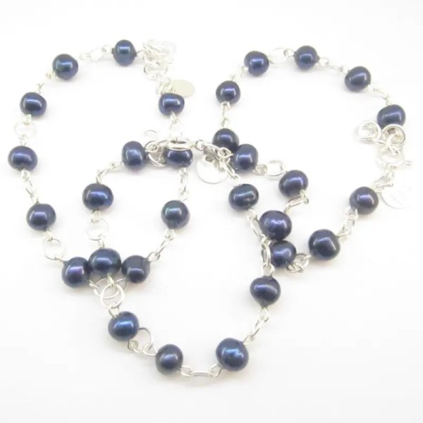 Perły Naturalne, granatowe i srebro - bransoleta 18 cm (+1,5 cm regulacji)