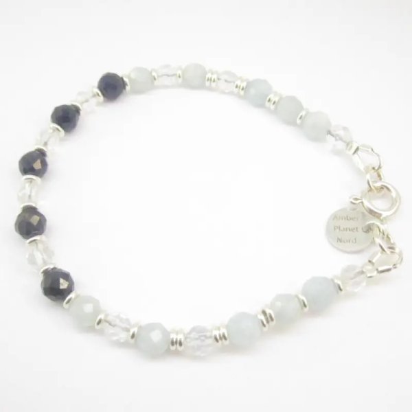 Szafir, Kryształ Górski, Akwamaryn - fasetowane kulki i srebro - bransoleta 18 cm