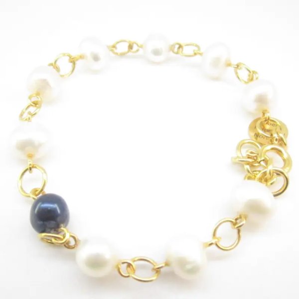 Perły Naturalne, białe, granatowa i srebro złocone - bransoleta 18 cm + 2 cm regulacji
