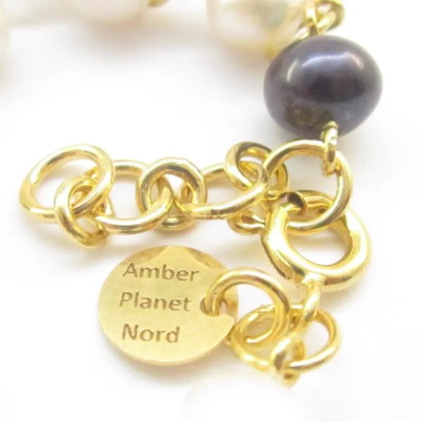 Perły Naturalne, białe, granatowe i srebro złocone - bransoleta 17,5 cm +2 cm regulacji