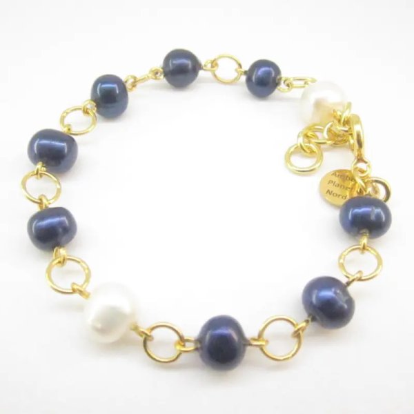 Perły Naturalne, granatowe, białe i srebro złocone - bransoleta 17,5 cm +2 cm regulacji