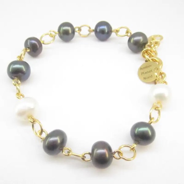 Perły Naturalne, granatowe, białe i srebro złocone - bransoleta 17,5 cm +2 cm regulacji
