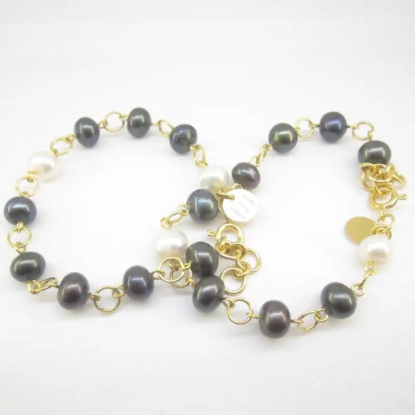 Perły Naturalne, granatowe, białe i srebro złocone - bransoleta 17,5 cm +2 cm regulacji