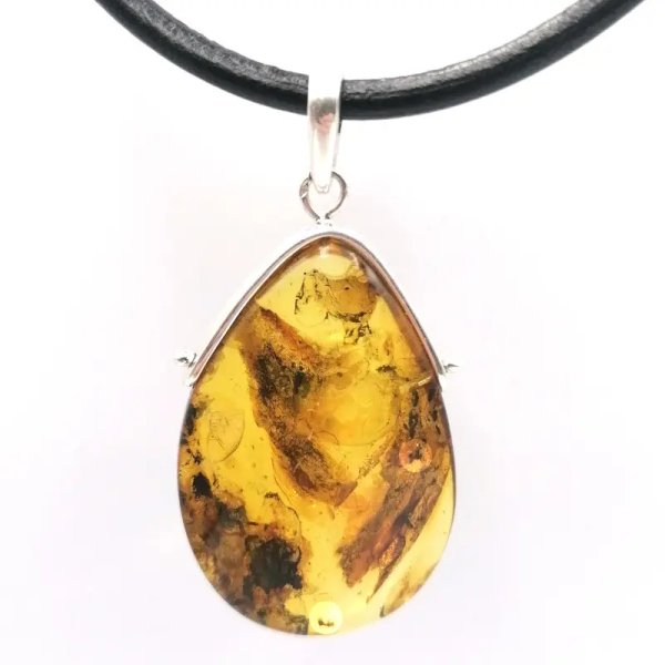 Mrówka i komar w przezroczystym bursztynie i srebro - zawieszka z rzemieniem