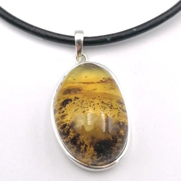 Żuk w przezroczystym bursztynie i srebro - zawieszka z rzemieniem