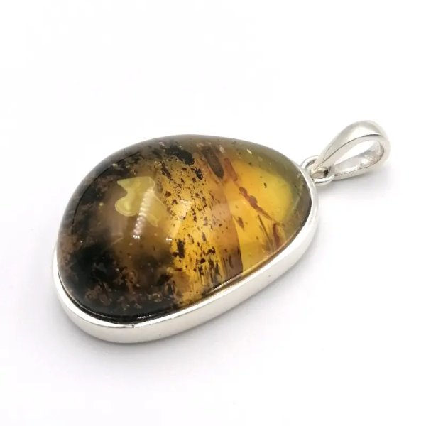 Żuk w przezroczystym bursztynie i srebro - zawieszka z rzemieniem