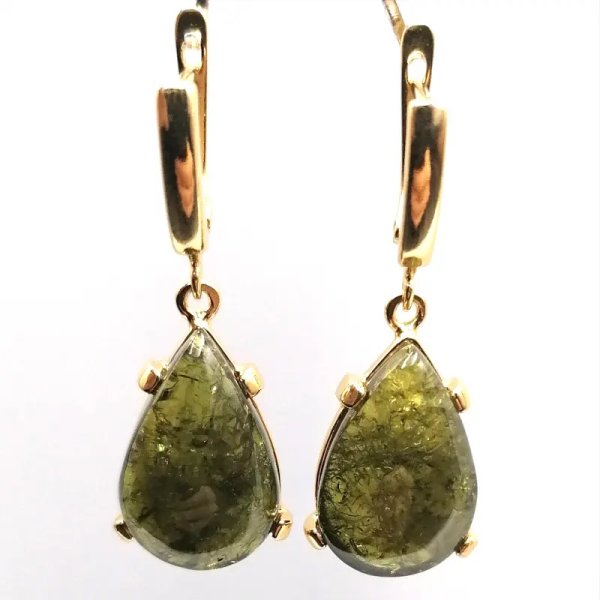 Granat Zielony w srebrze złoconym - kolczyki łzy