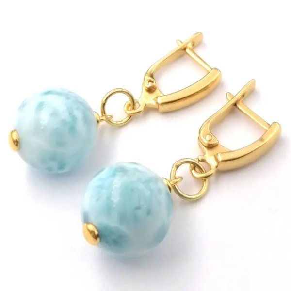 Larimar w srebrze złoconym - kolczyki kulki 12mm