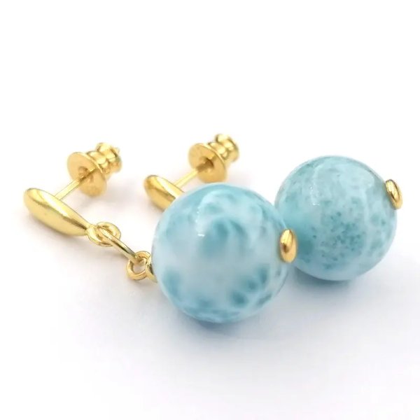 Larimar w srebrze złoconym - kolczyki kulki12mm, wiszące sztyfty