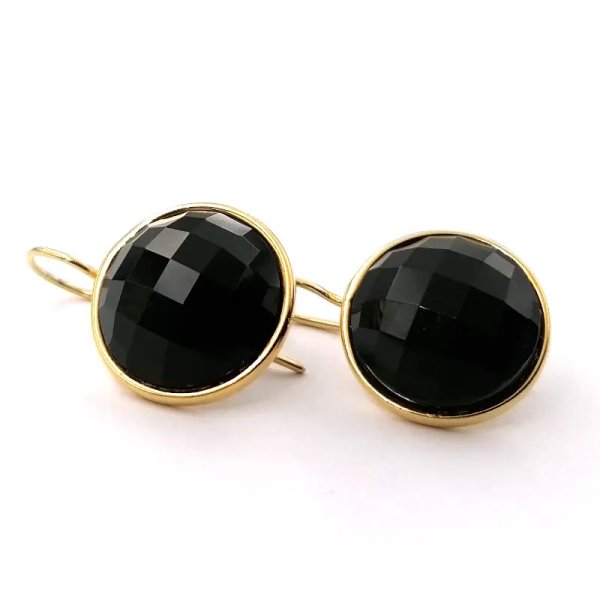 Onyks fasetowany w srebrze złoconym - kolczyki okrągłe