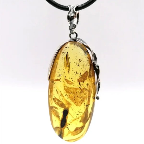Bursztyn z inkluzją roślinną (łodyga) i srebro oksydowane - zawieszka