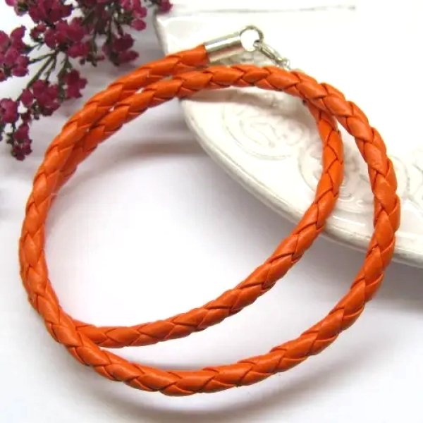 Pomarańczowy rzemień pleciony i srebro - naszyjnik 40cm