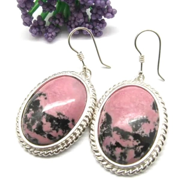 Rodonit w srebrze - kolczyki owale