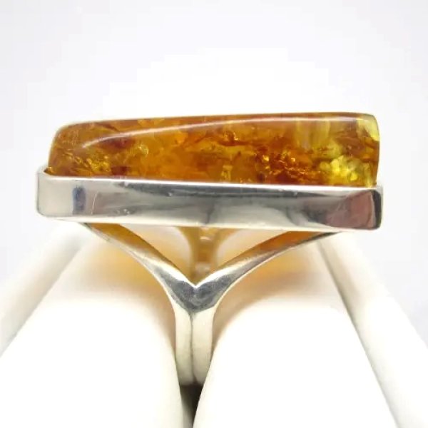 Koniakowy Bursztyn i srebro - pierścionek zaokrąglony trapez