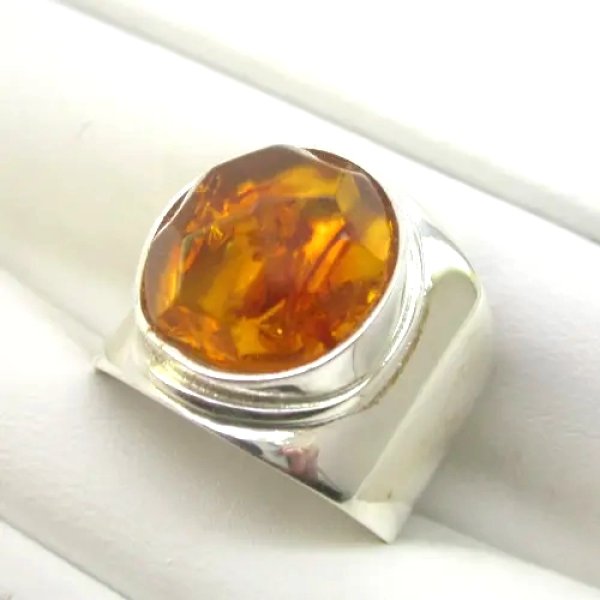 Koniakowy Bursztyn fasetowany i srebro - pierścionek owalny