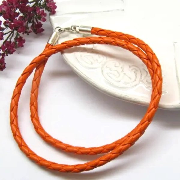 Pomarańczowy rzemień pleciony i srebro - naszyjnik 42 cm