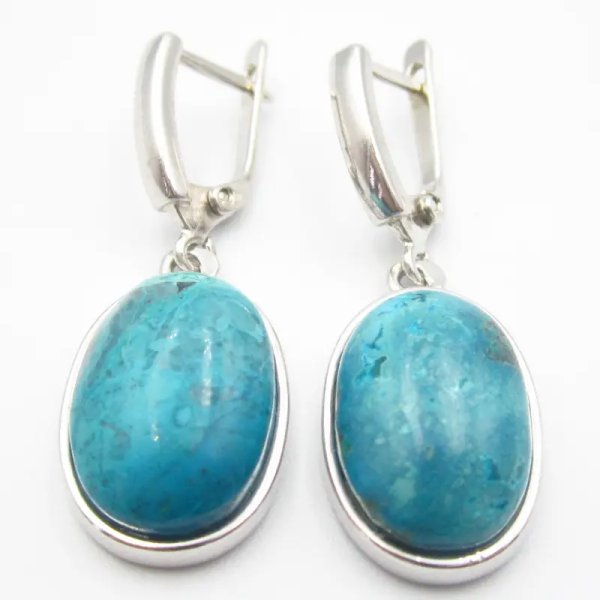 Chryzokola i srebro rodowane - kolczyki owale (para)