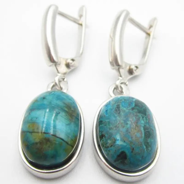 Chryzokola i srebro rodowane - kolczyki owale (para)