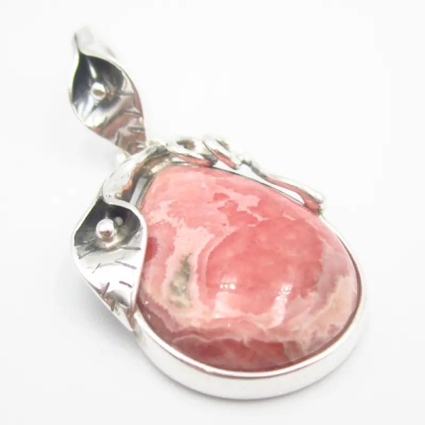 Rodochrozyt i srebro oksydowane - wisiorek łza z liściem (różne kamienie)