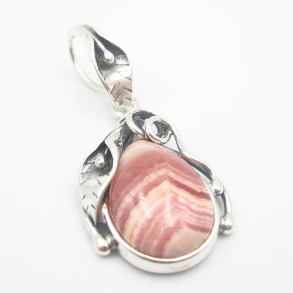 Rodochrozyt i srebro oksydowane - zawieszka łza z liściem (różne kamienie)