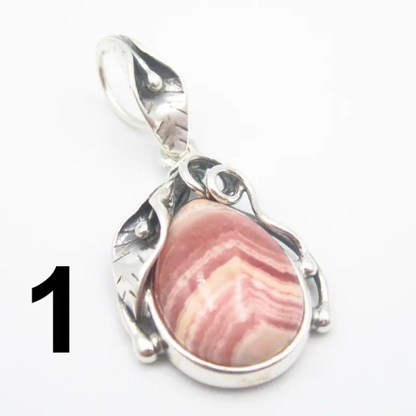 Rodochrozyt i srebro oksydowane - zawieszka łza z liściem (różne kamienie)