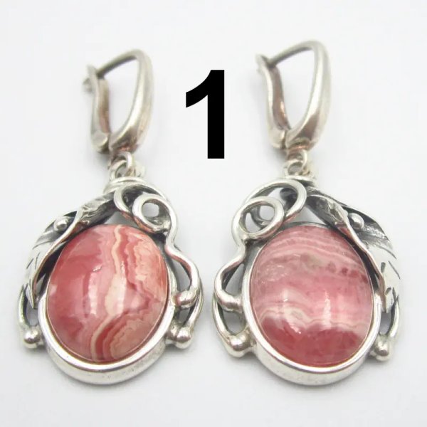Rodochrozyt w srebrze oksydowanym - kolczyki owale z liściem (różne warianty)