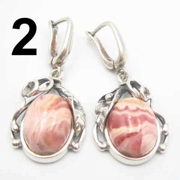 Rodochrozyt w srebrze oksydowanym - kolczyki owale z liściem (różne warianty)