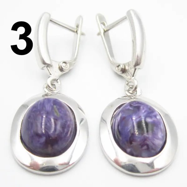 Czaroit i srebro rodowane - kolczyki owale (para) (różne kamienie do wyboru)