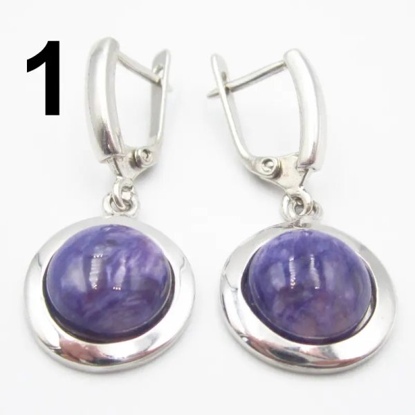 Czaroit i srebro rodowane - kolczyki okrągłe (para) (różne kamienie do wyboru)