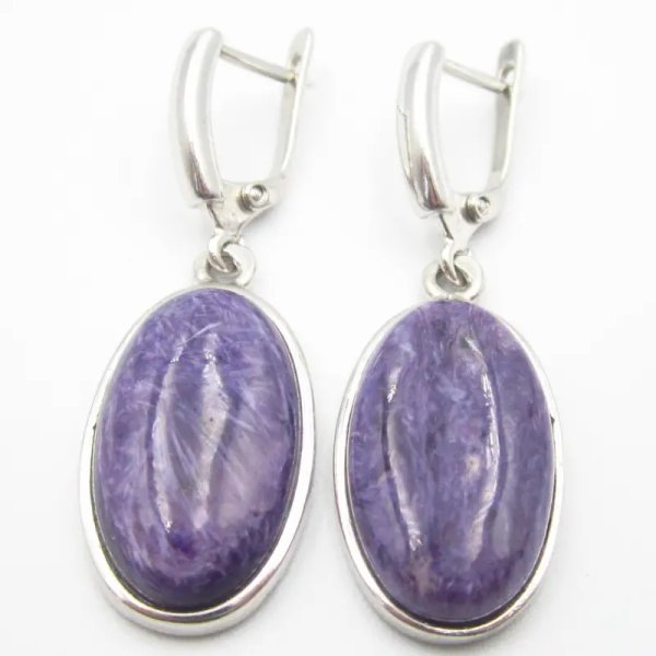 Czaroit i srebro rodowane - kolczyki owale (para) (różne kamienie do wyboru)