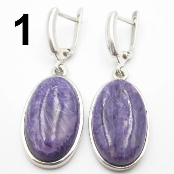 Czaroit i srebro rodowane - kolczyki owale (para) (różne kamienie do wyboru)