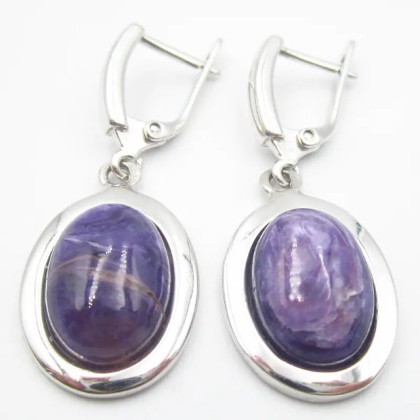 Czaroit i srebro rodowane - kolczyki owale (para)