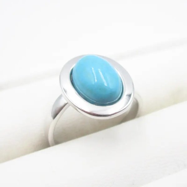 Turkus i srebro rodowane - pierścionek owal (rozmiar 15 lub 16 ) z regulacją