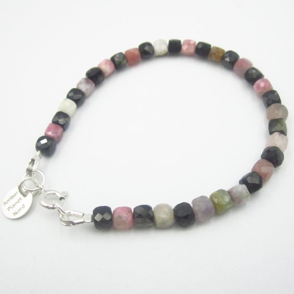 Turmalin Kolorowy Fasetowana Kostka  i srebro  - bransoletka 18,5 cm 